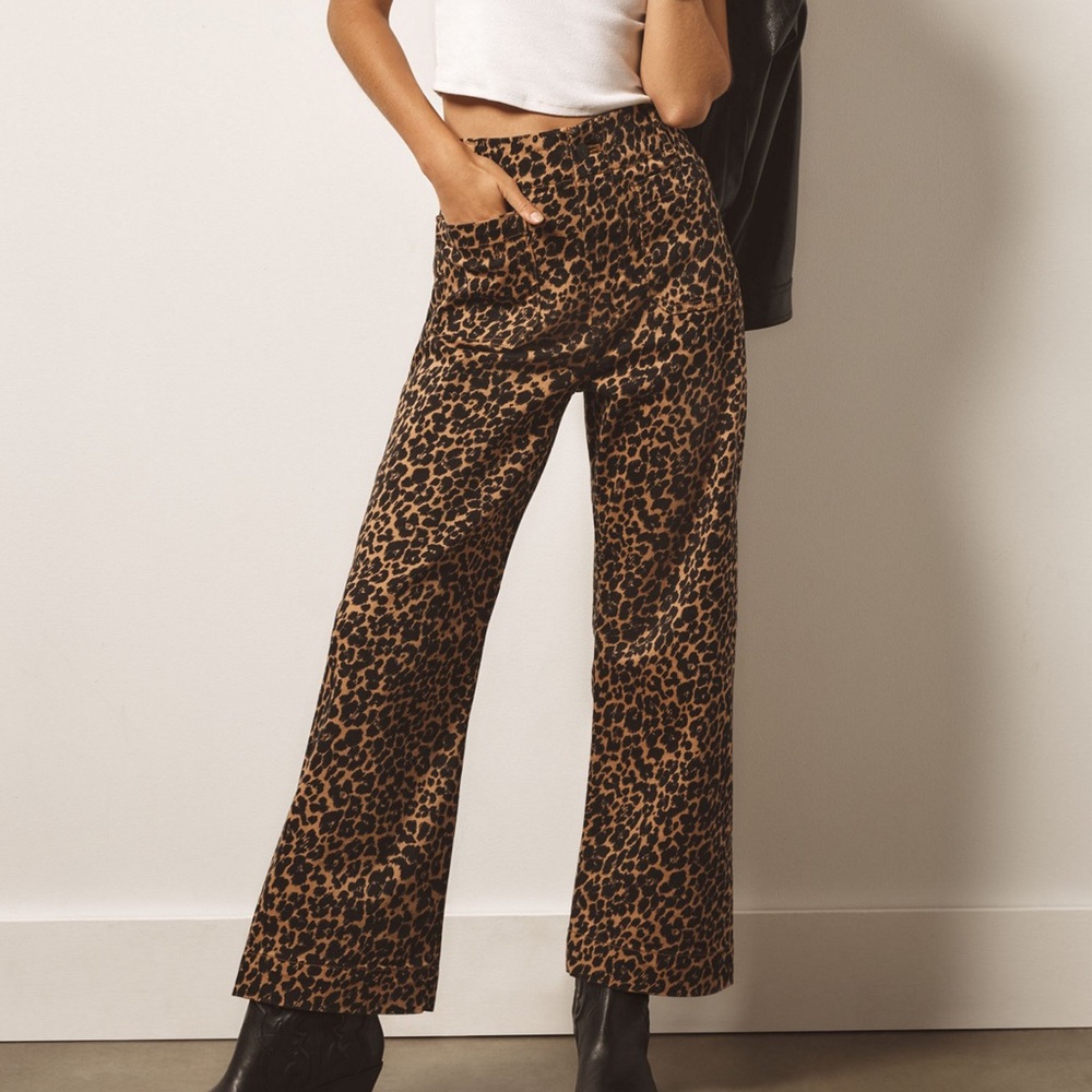 Maeve Anthropologie Colette Cropped High-Rise Animal Print Wide-Leg Jeans